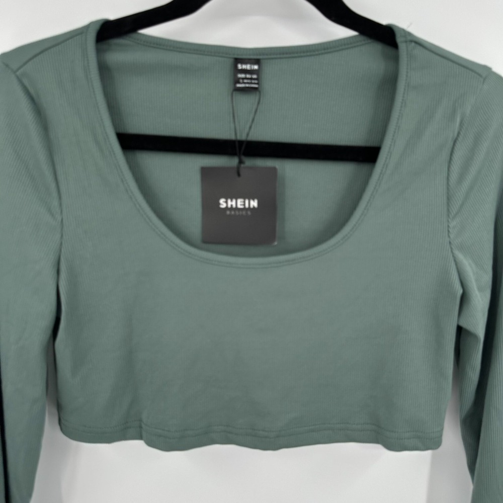 SheIn Crop Top Women Large Green Ribbed Slim Fit Long Sleeve Scoop Neck Pullover - Picture 3 of 7